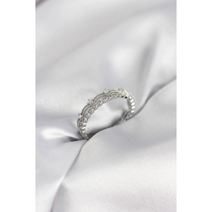 Gümüş Renk Motif Desenli Zirkon Taşlı Kadın Yüzük - TJ-BYK4144