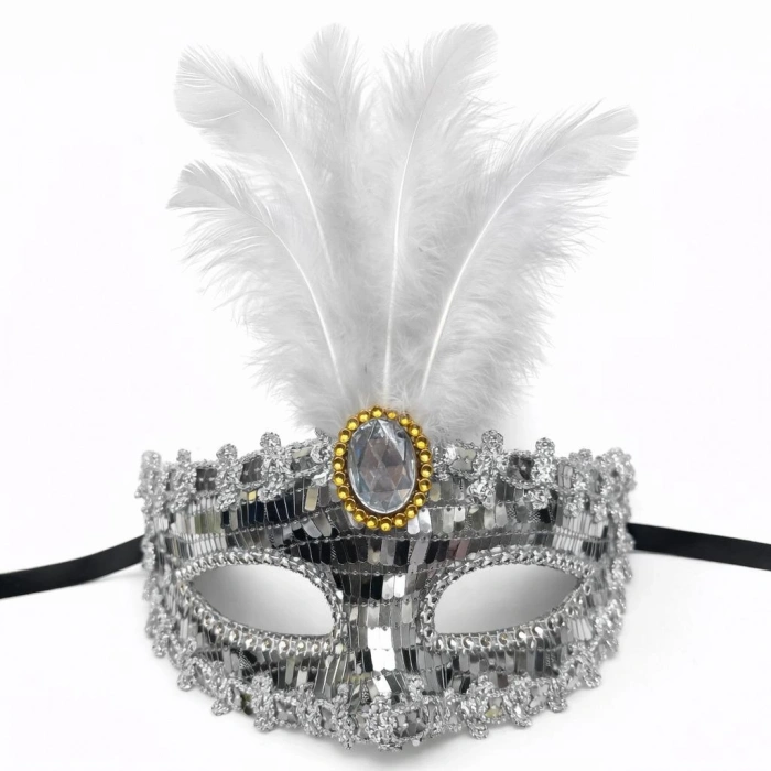 Gümüş Renk Payetli Pullu Tüylü Parti Maskesi 17x20 cm (4887)