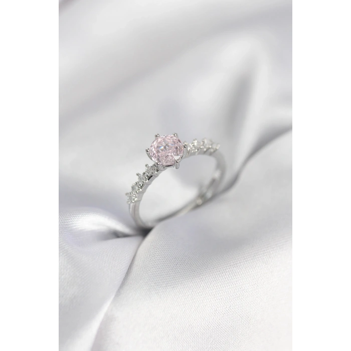 Gümüş Renk Pembe Tek Taş Model Zirkon Taşlı Kadın Yüzük - TJ-BYK3992