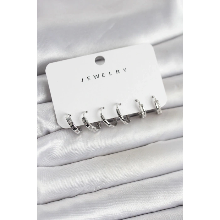 Gümüş Renk Pirinç 3 Çift Kadın Küpe Seti - TJ-BKP11645