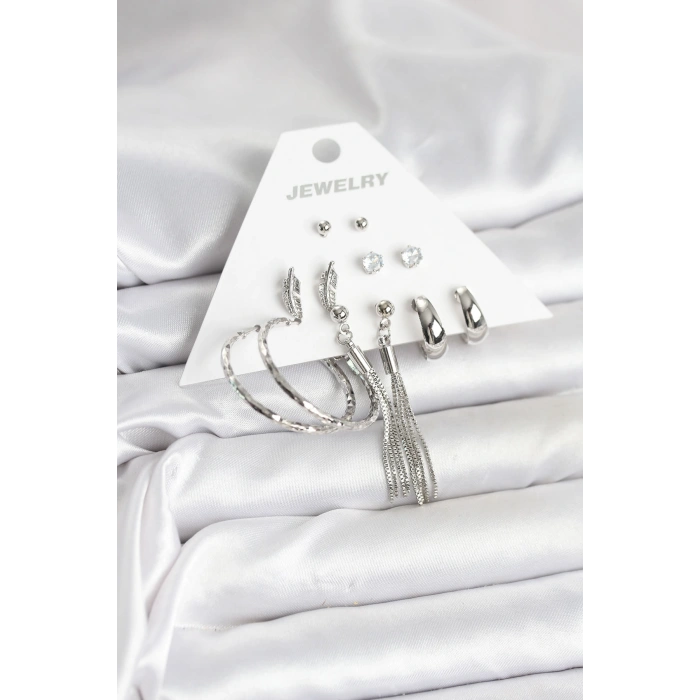Gümüş Renk Pirinç 6 Çiftli Kadın Küpe Seti - TJ-BKP11331