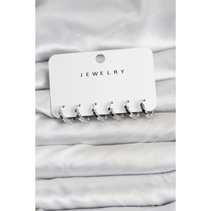 Gümüş Renk Pirinç Minimal Petek Detaylı Kadın Küpe Seti - TJ-BKP11474