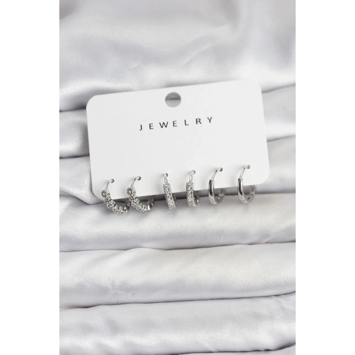 Gümüş Renk Pirinç Zirkon Taşlı Kadın Küpe Seti - TJ-BKP11476