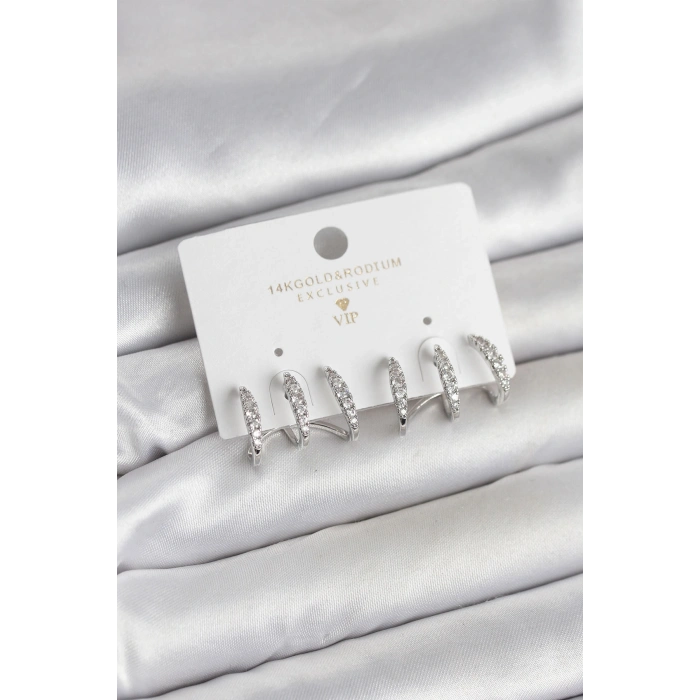 Gümüş Renk Pirinç Zirkon Taşlı Kadın Küpe - TJ-BKP11641