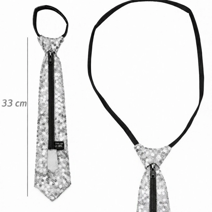 Gümüş Renk Pul Payetli Işıltılı Parti Kravatı 33 cm