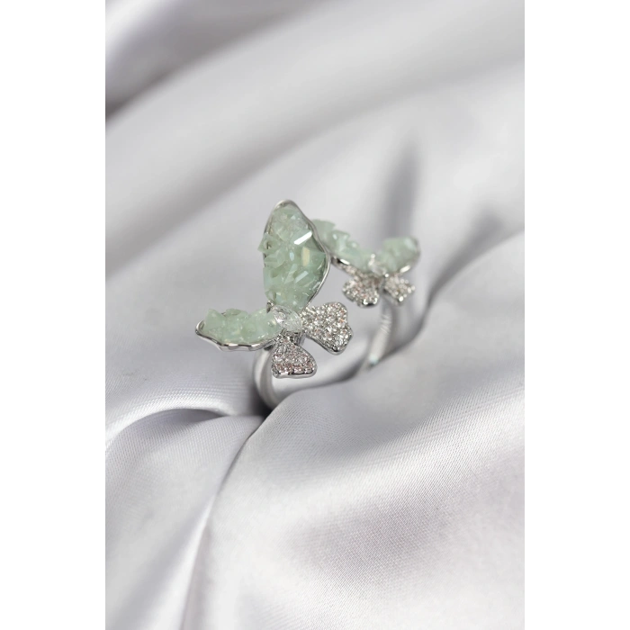 Gümüş Renk Su Yeşili Kelebek Model Zirkon Taşlı Kadın Yüzük - TJ-BYK3947