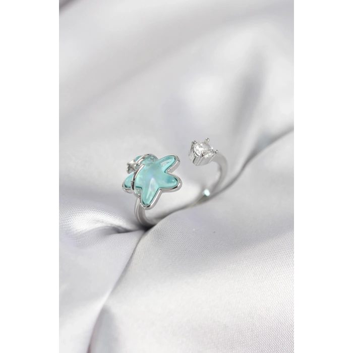 Gümüş Renk Turkuaz Yıldız Model Kadın Yüzük - TJ-BYK4146