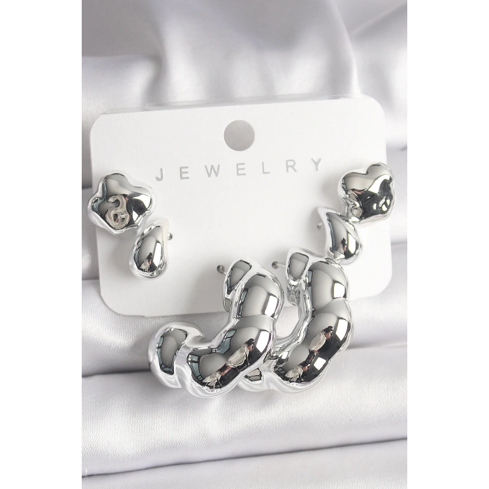 Gümüş Renk Yonca Damla Halka Model CCB Plastik Kadın Küpe Seti - TJ-BKP10027