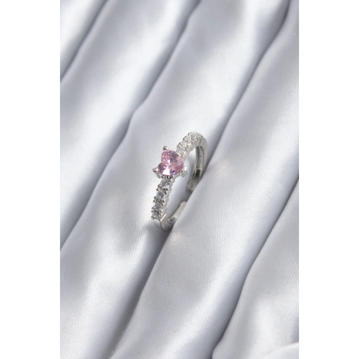 Gümüş Renk Zirkon Taşlı Pembe Kristal Kalp Model Kadın Yüzük - TJ-BYK2851