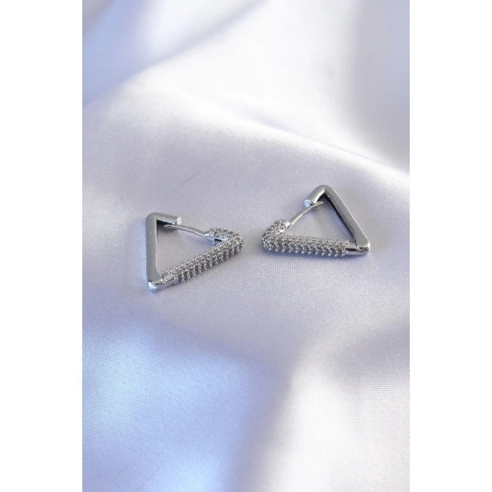 Gümüş Renk Zirkon Taşlı Üçgen Model Kadın Küpe - TJ-BKP7238