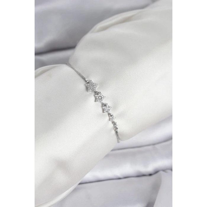 Gümüş Renk Zirkon Taşlı Yıldız Model Asansörlü Kadın Bileklik - TJ-BB8335