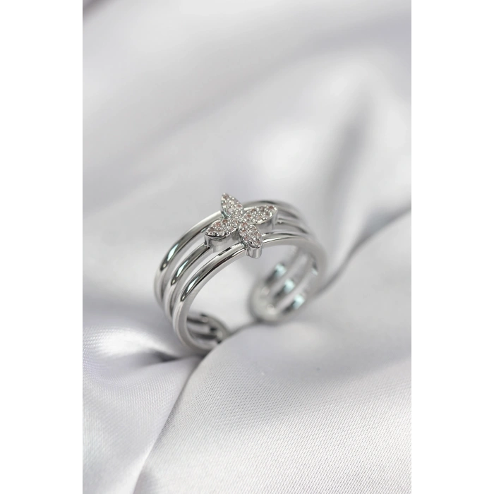 Gümüş Renk Zirkon Taşlı Yonca Model Kadın Yüzük - TJ-BYK4053