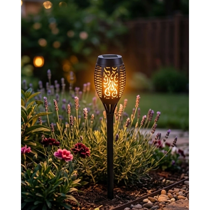 Güneş Enerjili Alev Görünümlü Bahçe Lambası Sensörlü Led Dış Mekan Dekoratif Aydınlatma