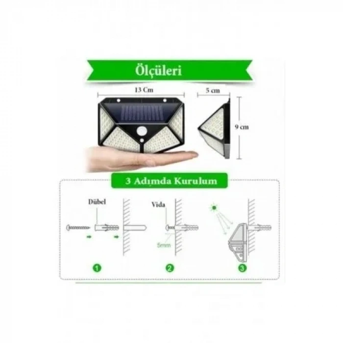 Güneş Enerjili Lamba Led Sokak Dış Ortam Solar Bahçe Aydınlatması Su Geçirmez Sensörlü (100 Led)