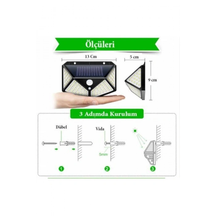Güneş Enerjili Lamba Led Sokak Dış Ortam Solar Bahçe Aydınlatması Su Geçirmez Sensörlü (100 Led)
