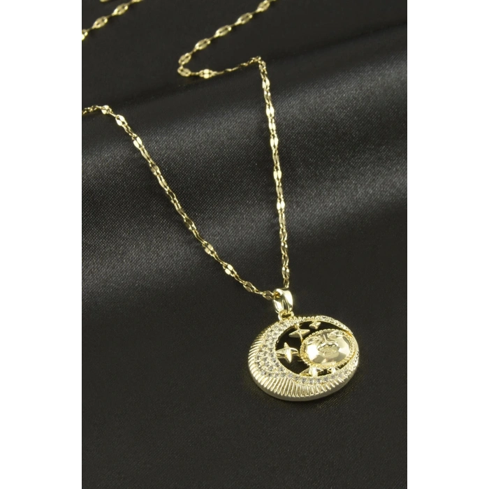 Güneş Hilal Zirkon Taşlı Lüks Çelik Kolye