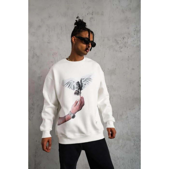 Güvercin Baskılı Sweatshirt - Beyaz -