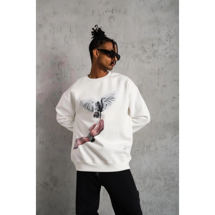 Güvercin Baskılı Sweatshirt - Beyaz -