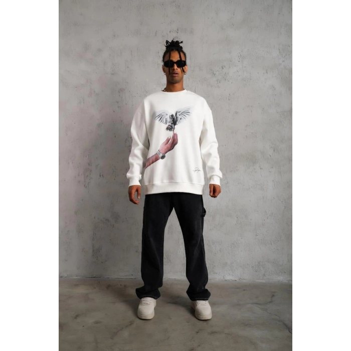 Güvercin Baskılı Sweatshirt - Beyaz -
