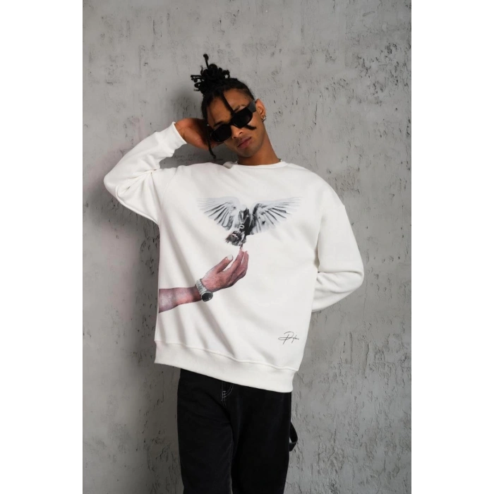 Güvercin Baskılı Sweatshirt - Beyaz -