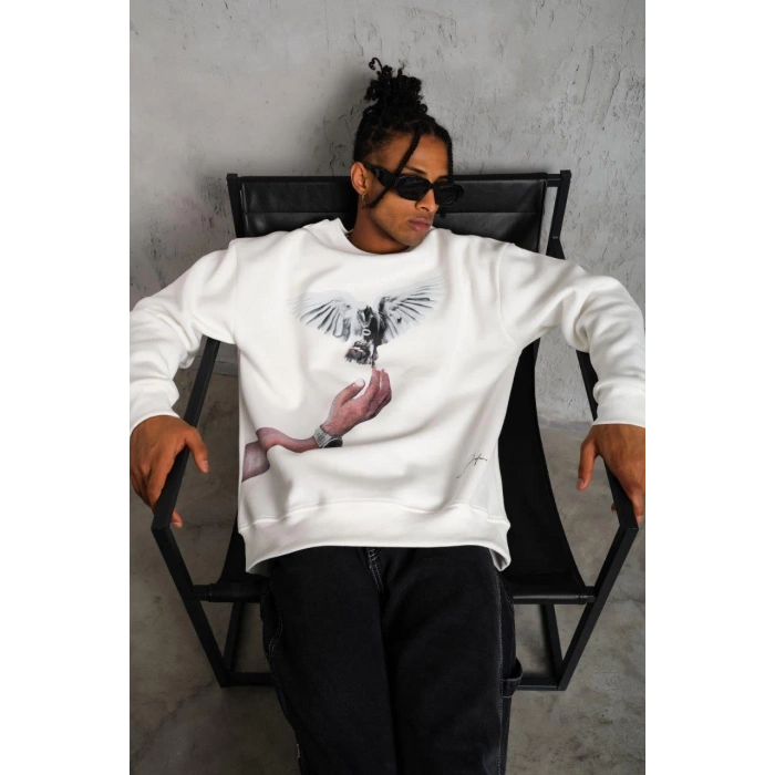 Güvercin Baskılı Sweatshirt - Beyaz -