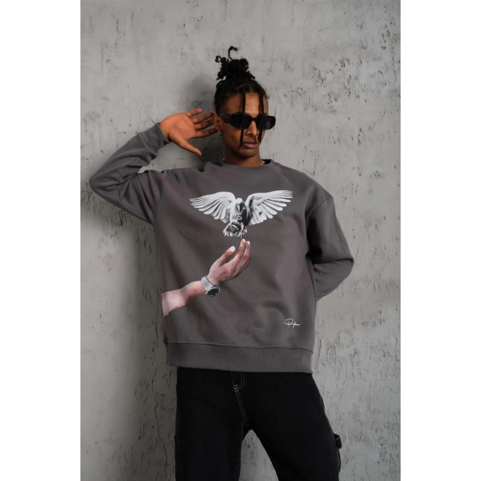 Güvercin Baskılı Sweatshirt - Gri