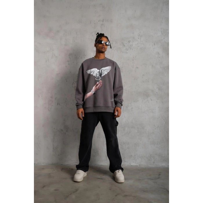 Güvercin Baskılı Sweatshirt - Gri