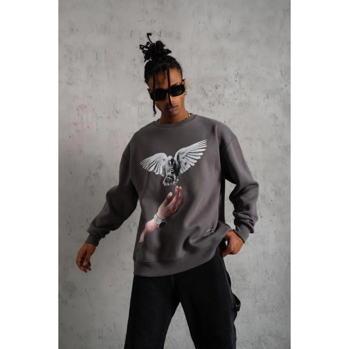 Güvercin Baskılı Sweatshirt - Gri