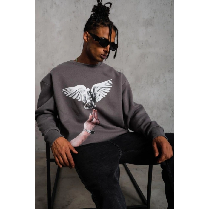 Güvercin Baskılı Sweatshirt - Gri