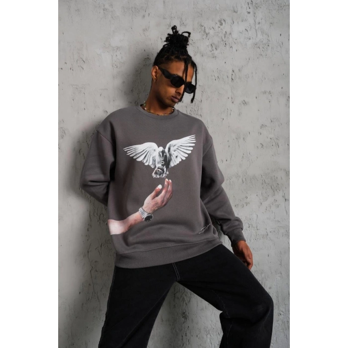 Güvercin Baskılı Sweatshirt - Gri