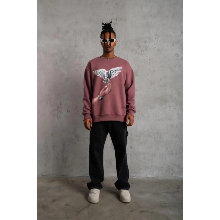 Güvercin Baskılı Sweatshirt - Gül Kurusu