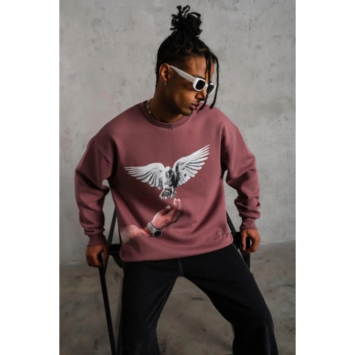 Güvercin Baskılı Sweatshirt - Gül Kurusu