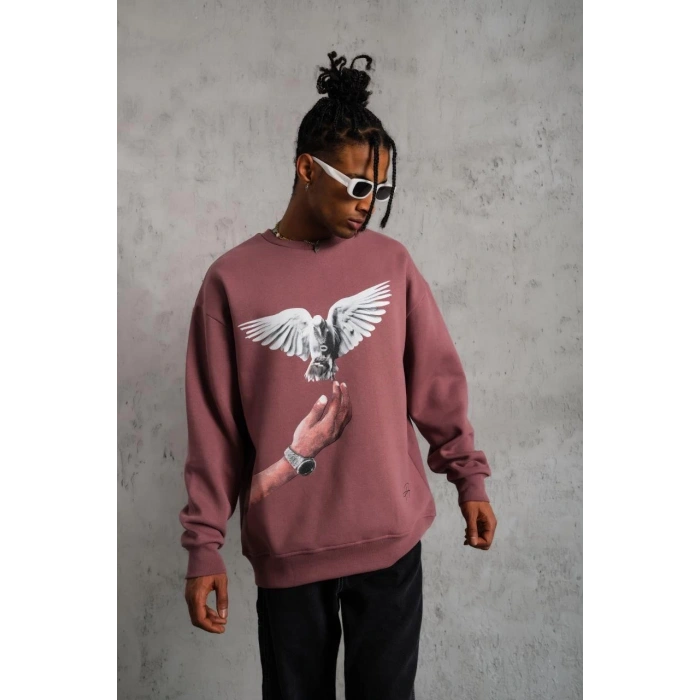 Güvercin Baskılı Sweatshirt - Gül Kurusu