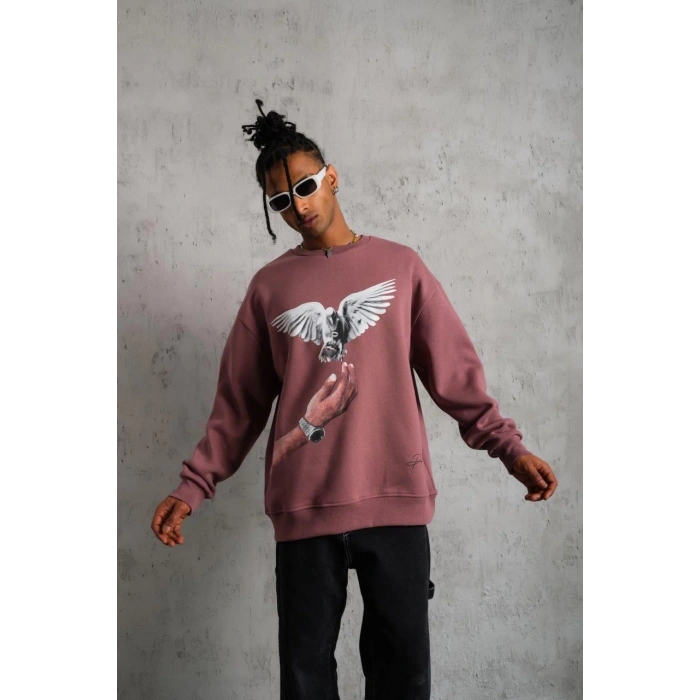 Güvercin Baskılı Sweatshirt - Gül Kurusu