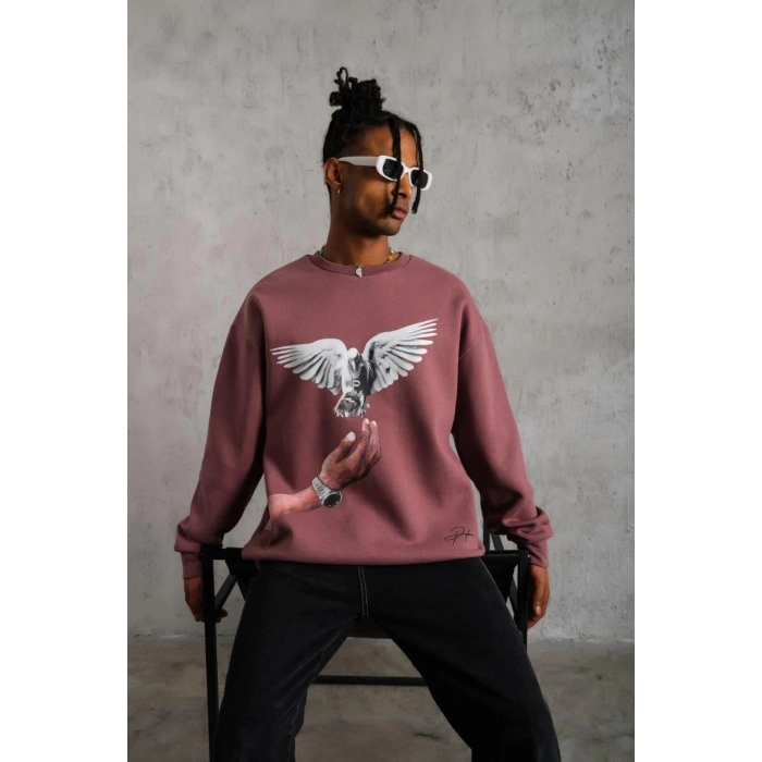 Güvercin Baskılı Sweatshirt - Gül Kurusu