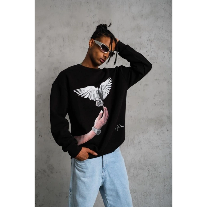 Güvercin Baskılı Sweatshirt - Siyah -