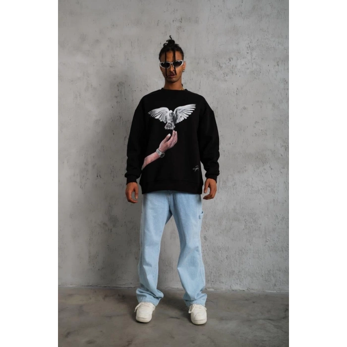 Güvercin Baskılı Sweatshirt - Siyah -