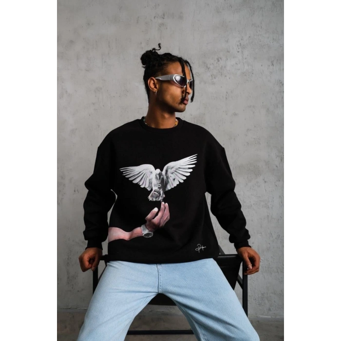 Güvercin Baskılı Sweatshirt - Siyah -