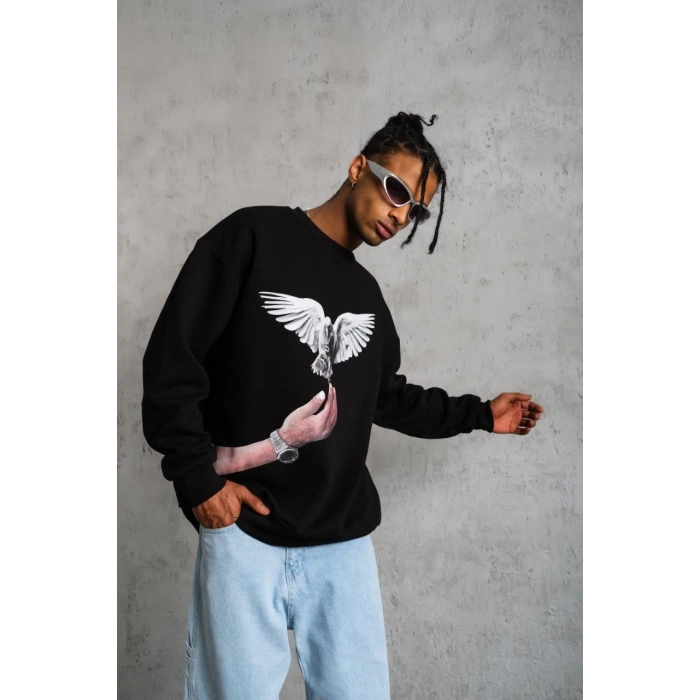 Güvercin Baskılı Sweatshirt - Siyah -