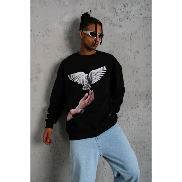 Güvercin Baskılı Sweatshirt - Siyah -