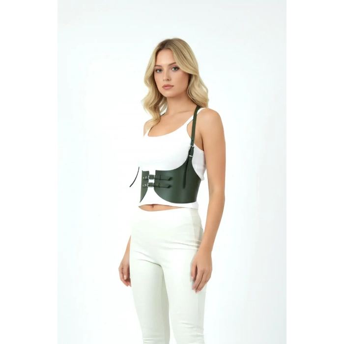 Haki Renk Kalın Kadın Kemeri, Deri Kemer Harness - Brf605