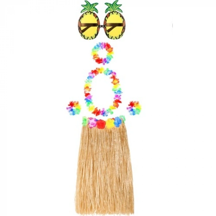 Hawaii Parti Kostüm Seti - 60 cm Hasır Etek, Çiçekli Aksesuarlar ve Ananas Gözlük