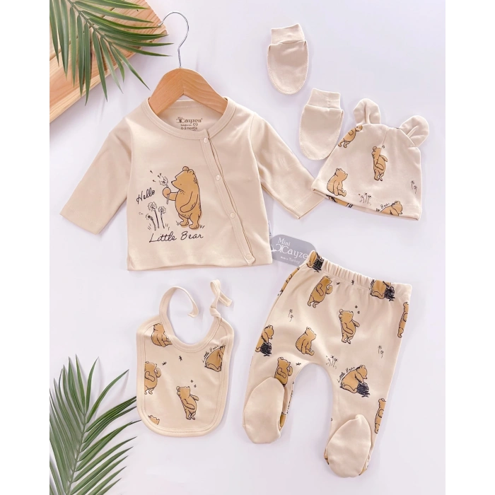 Hello Little Bear Baskılı 5 Parça %100 Pamuk Erkek Bebek Hastane Çıkışı