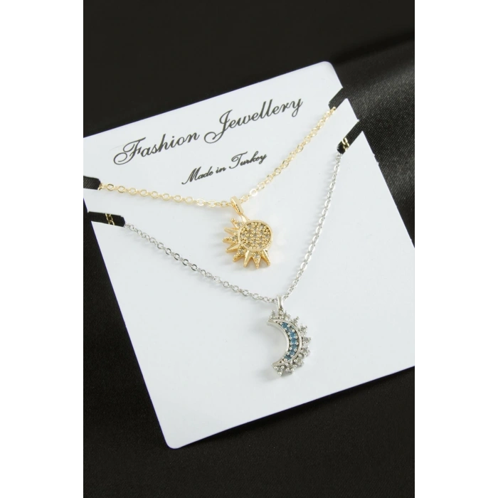 Hilal Yıldız Çift Zirkon Taşlı Kolye