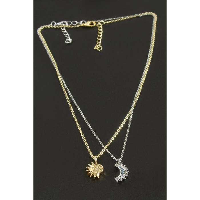 Hilal Yıldız Çift Zirkon Taşlı Kolye
