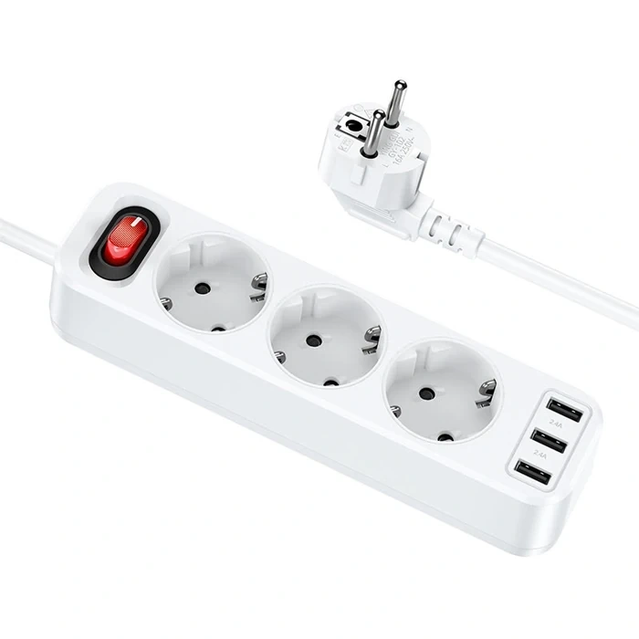 Hoco Ns2 3lü Priz 3 Usb 4000w 1.8 Metre Şarj Uzatma Kablosu Akım Korumalı