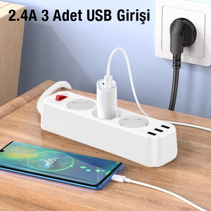 Hoco Ns2 3lü Priz 3 Usb 4000w 1.8 Metre Şarj Uzatma Kablosu Akım Korumalı