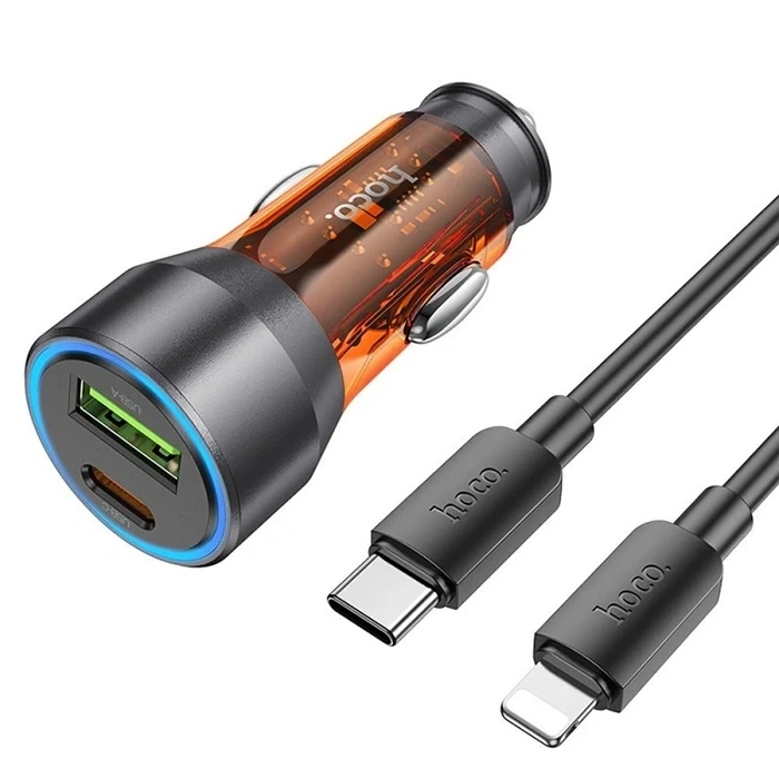 Hoco Nz12a Action Pd43w Usb + Type-c Araç Çakmaklık Hızlı Şarj Aleti + Type-c To İphone Lightning Ka