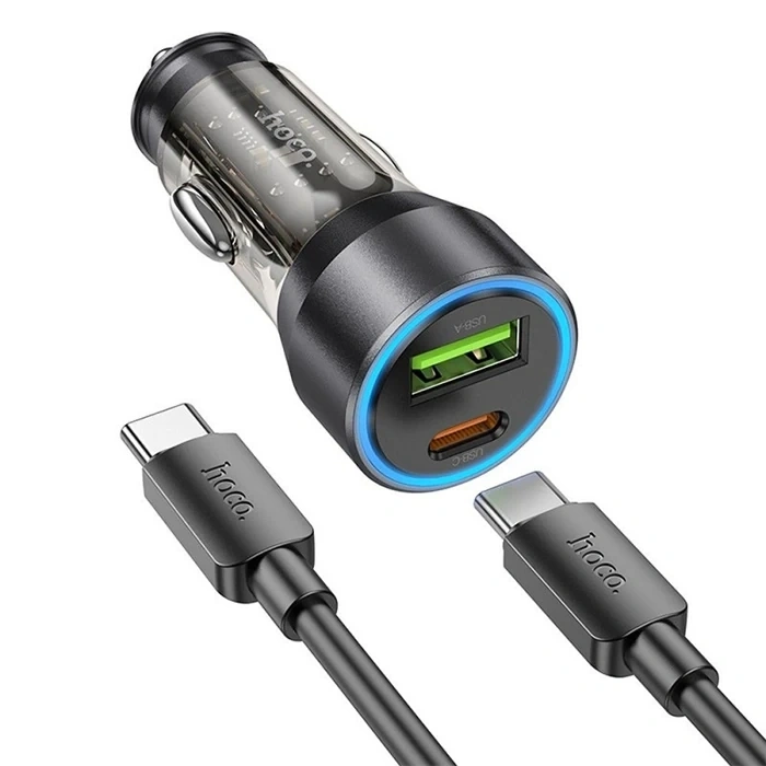 Hoco Nz12a Action Pd43w Usb + Type-c Araç Çakmaklık Hızlı Şarj Aleti + Type-c To Type-c Kablo