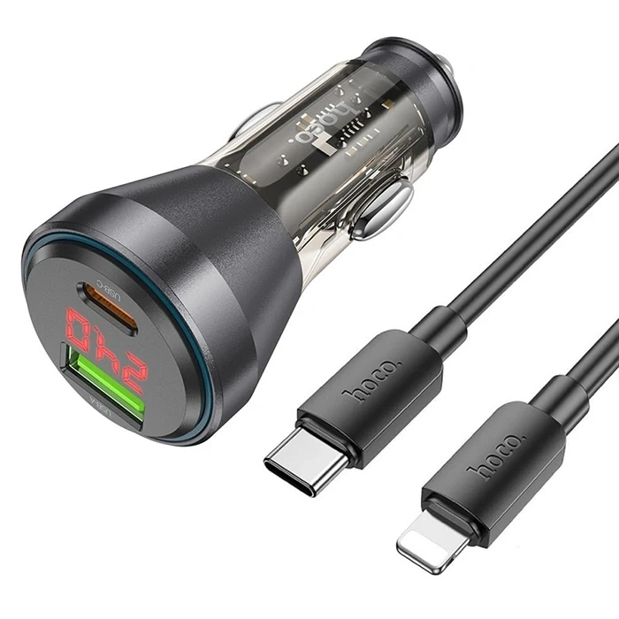 Hoco Nz12b Unimpeded Pd48w Usb + Type-c Araç Çakmaklı Hızlı Şarj Aleti + Type-c To İphone Kablo
